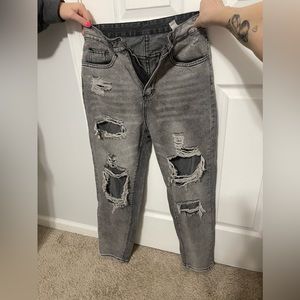 Grey Washed Ripped Jeans Cropped